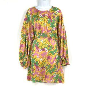 Satin Floral Smocked Waist Open Slit Back Boho Balloon Sleeve Flowy Dress 10 New